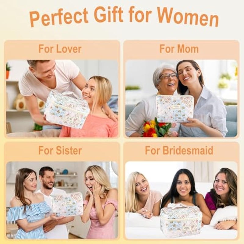 URSKYTOUS 3Pcs Cotton Quilted Makeup Bag for Women Girls Large Small Travel Floral Cosmetic Bags Set Cute Coquette Makeup Pouch for Purse Aesthetic Cloth Bee&Flower Storage Toiletry Bag Organizer - Image 5